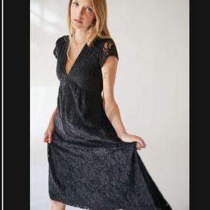 Never-worn UrbanOutfitters size S black lace midi dress. Cap sleeve, deep v-neck